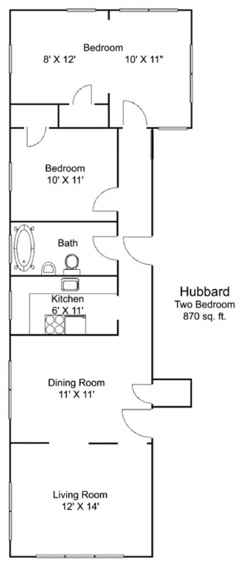 Floor plan for 2 beds, 1 bath, 1100 sqft