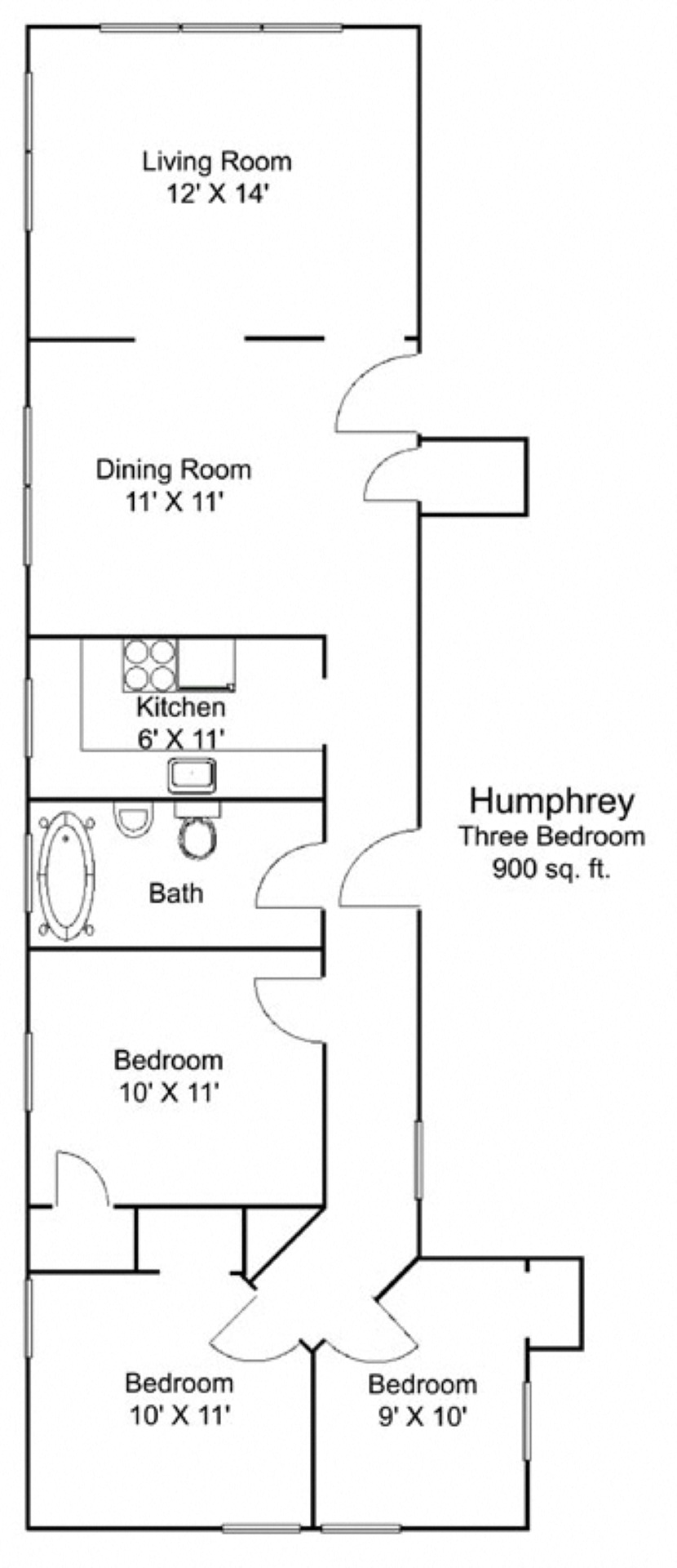 Floor plan for 3 beds, 1 bath, 1100 sqft