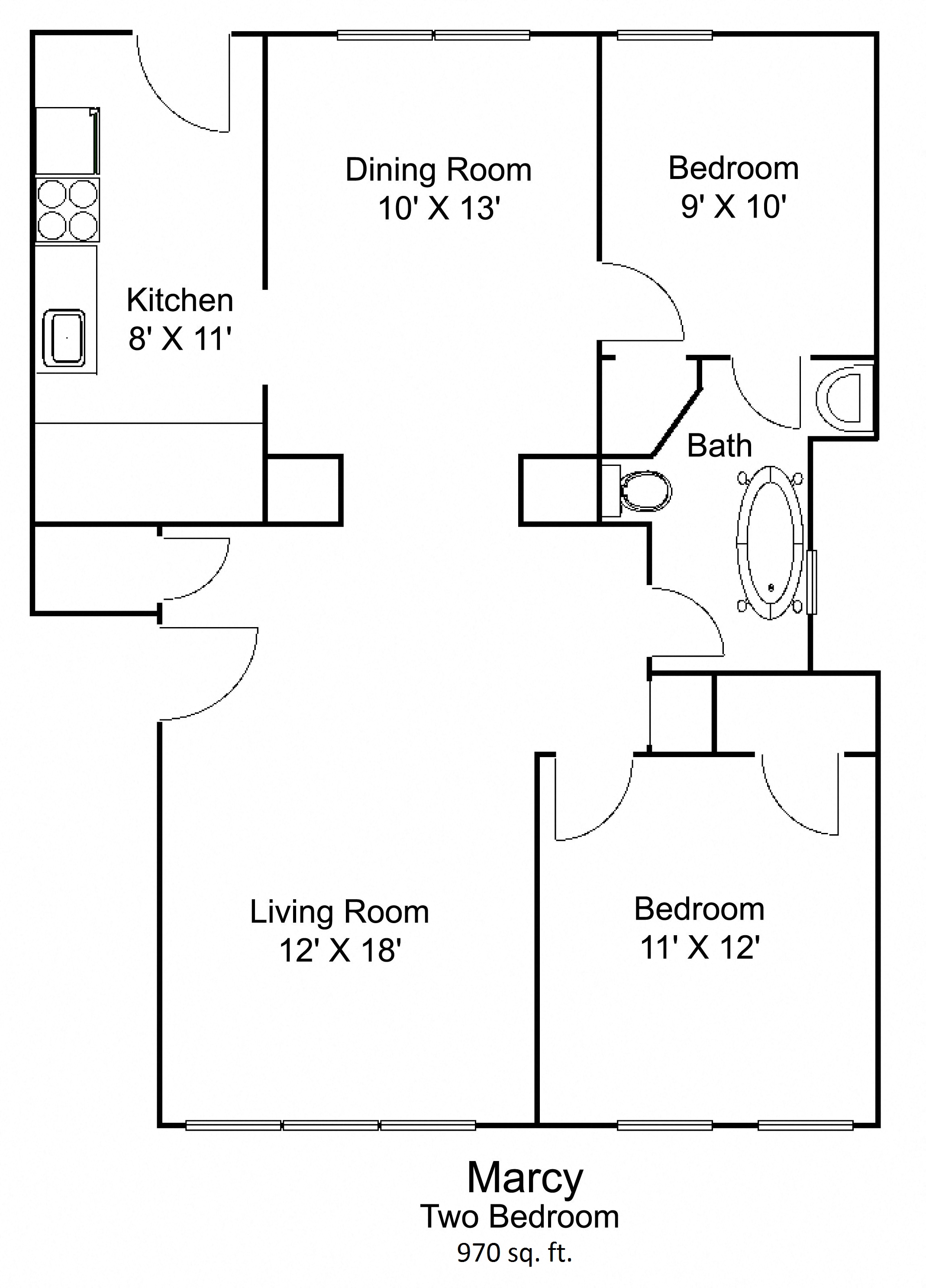Floor plan for 2 beds, 1 bath, 970 sqft