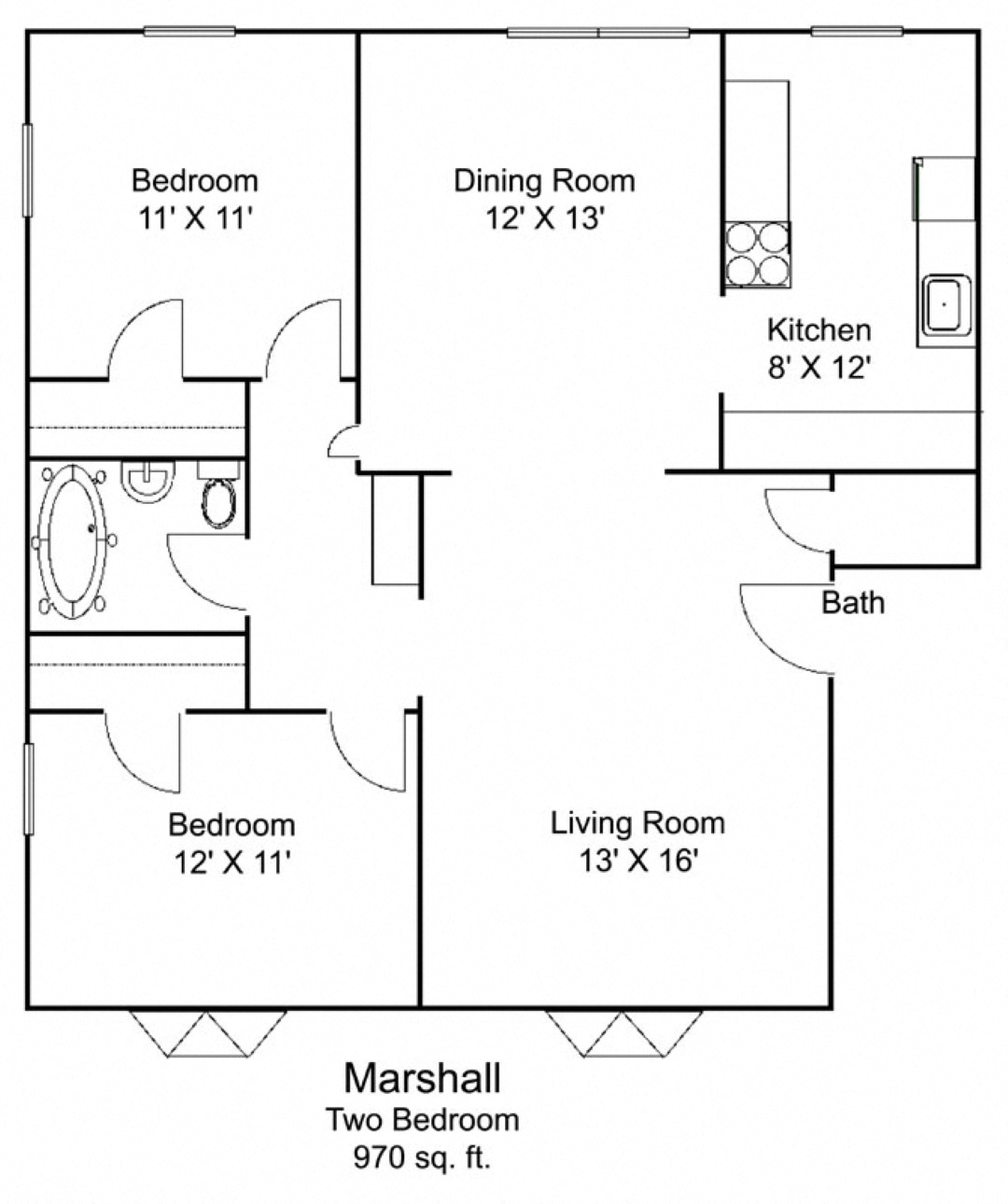Floor plan for 2 beds, 1 bath, 970 sqft