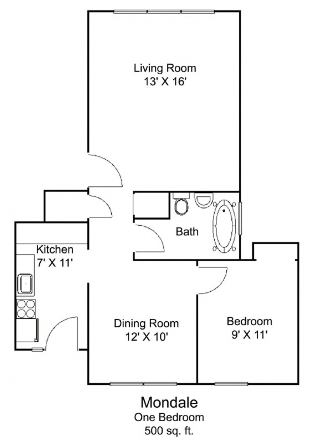 Floor plan for 1 bed, 1 bath, 800 sqft