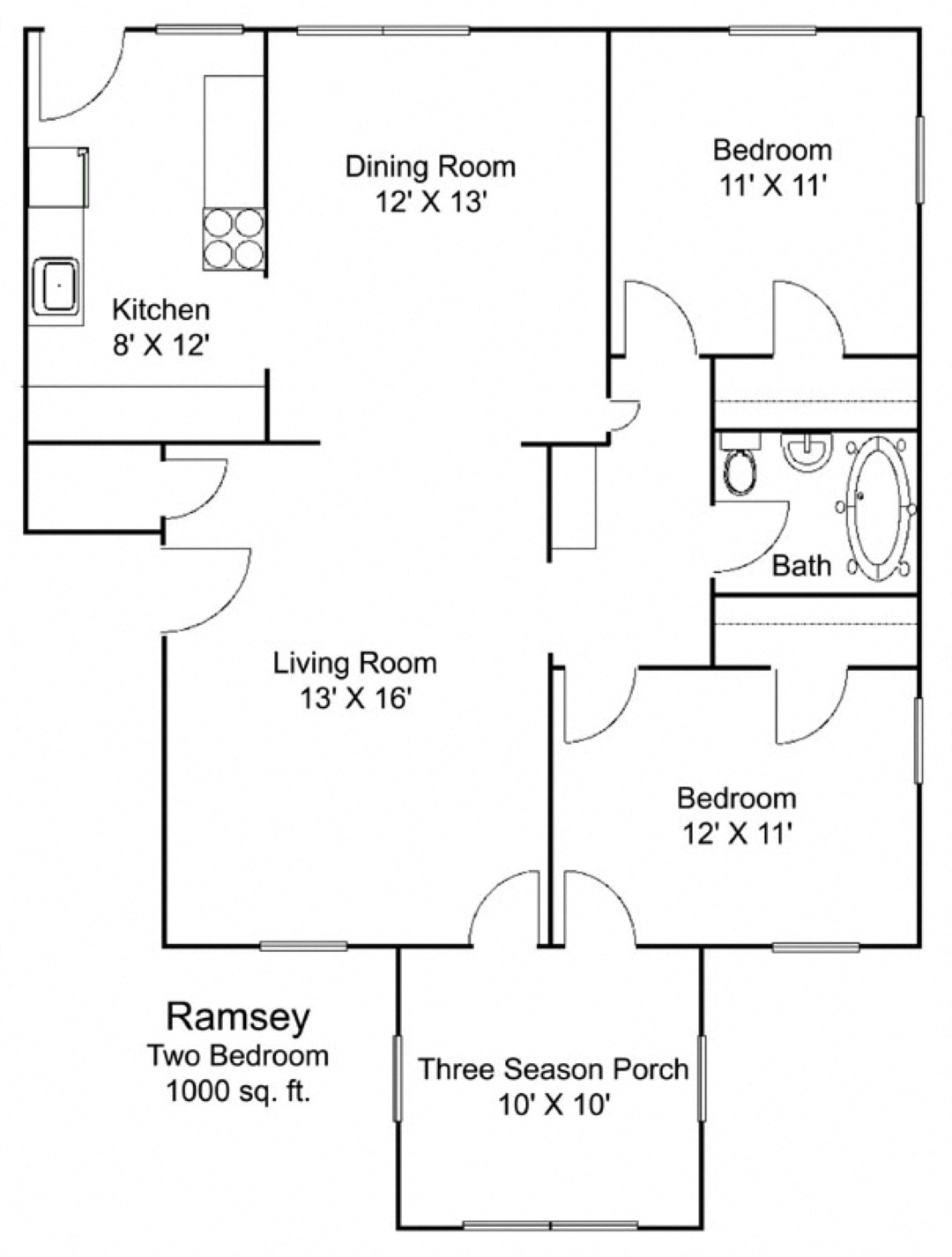 Floor plan for 2 beds, 1 bath, 1070 sqft