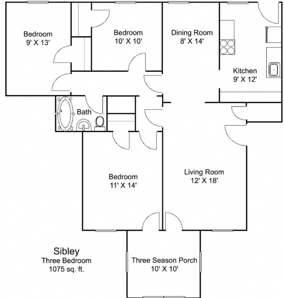 Floor plan for 3 beds, 1 bath, 1200 sqft