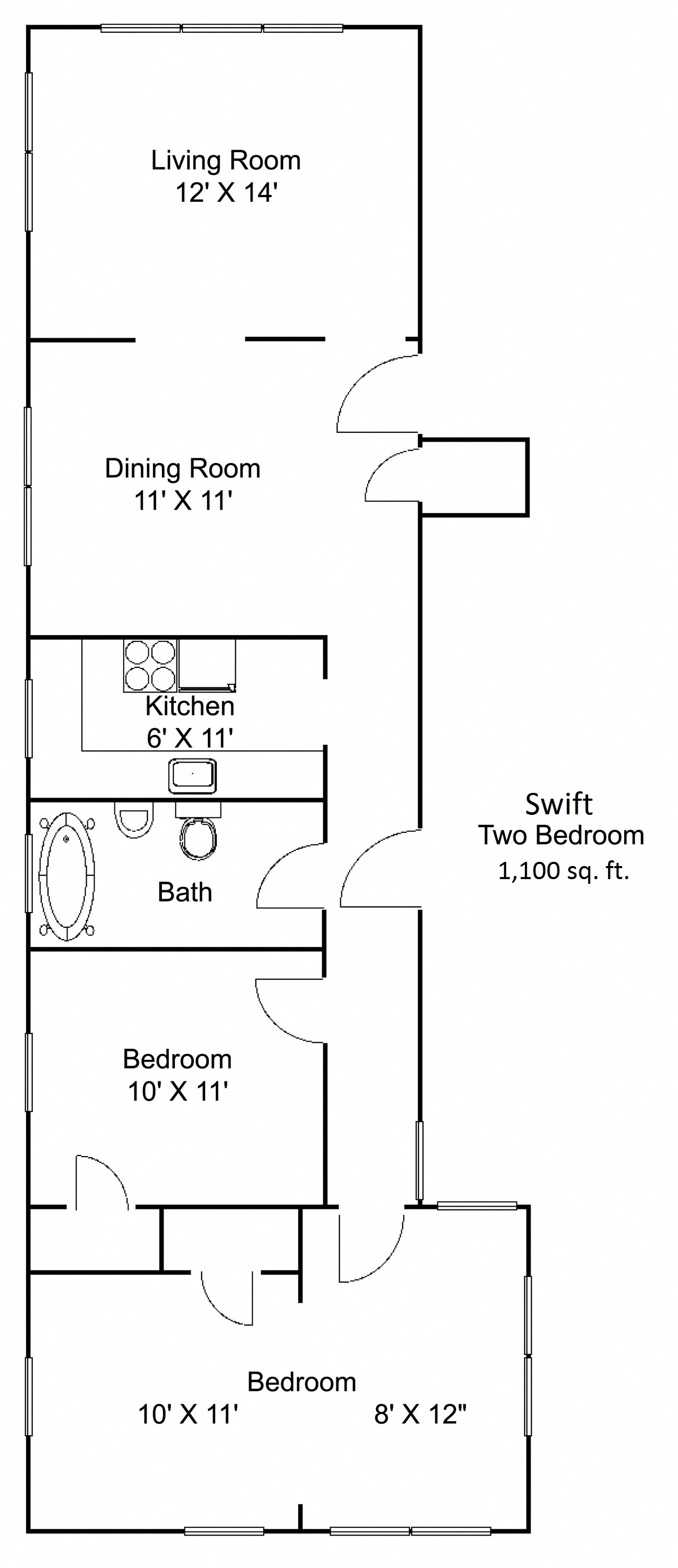 Floor plan for 2 beds, 1 bath, 1100 sqft