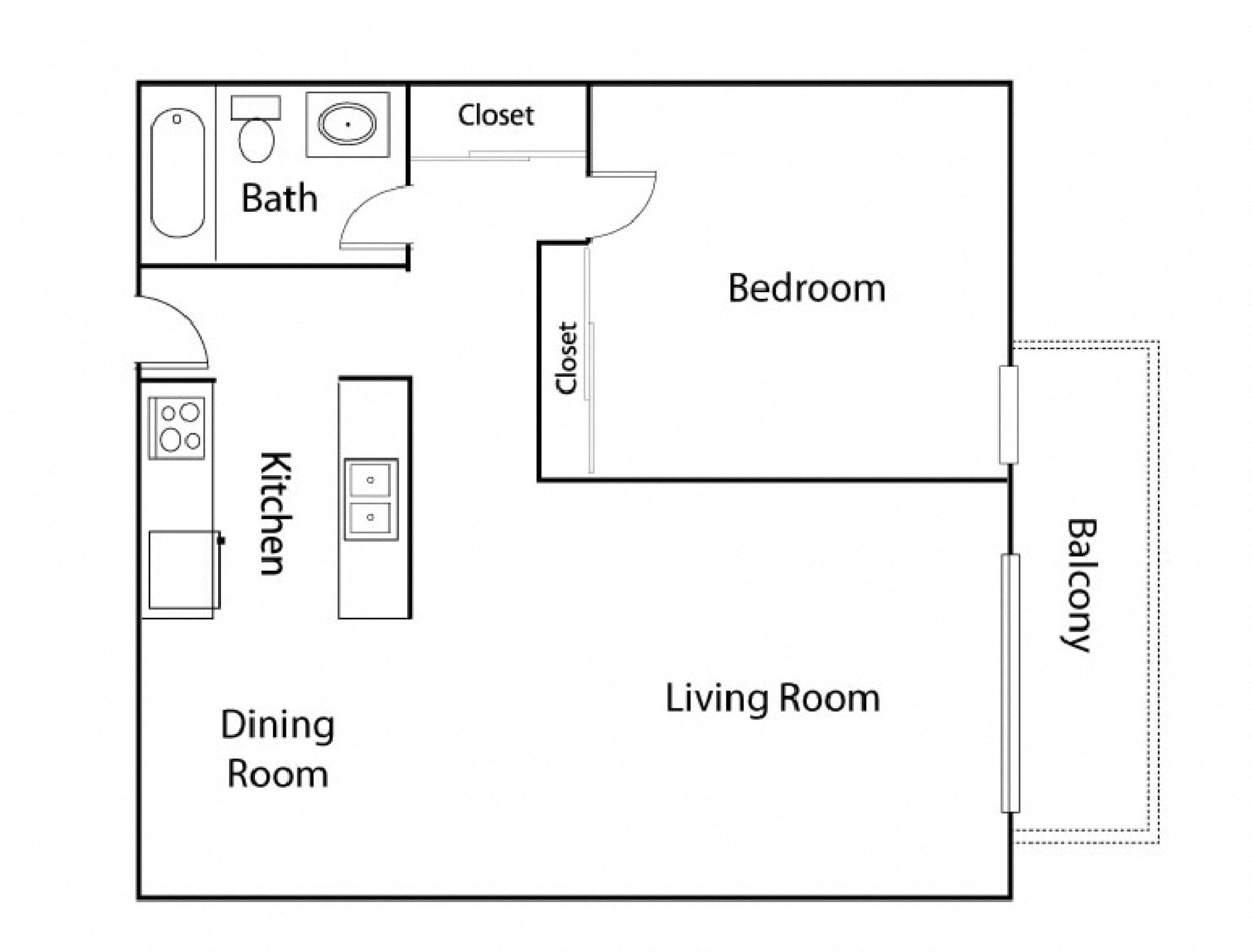 Floor plan for 1 bed, 1 bath, 693 sqft