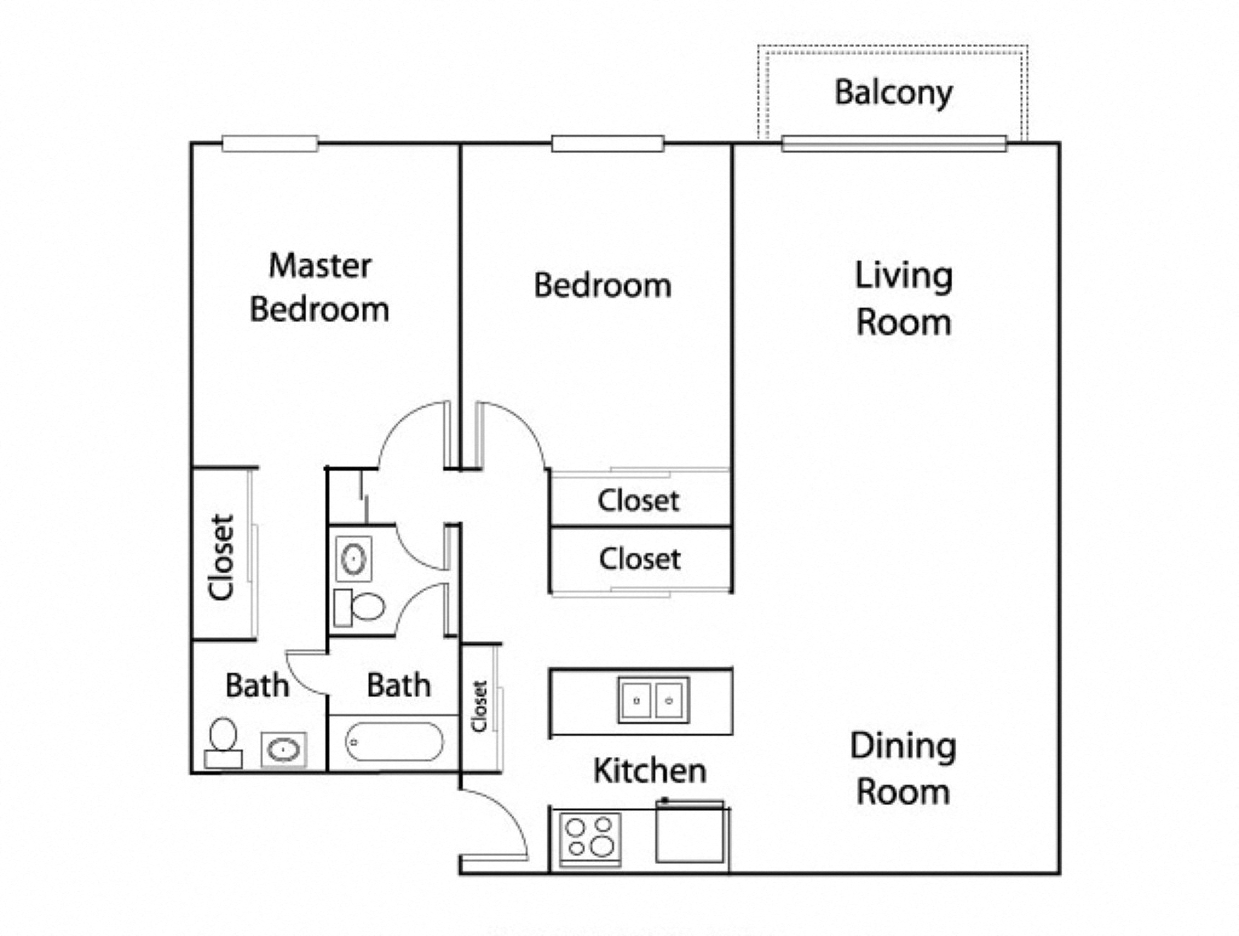 Floor plan for 2 beds, 1.5 baths, 978 sqft