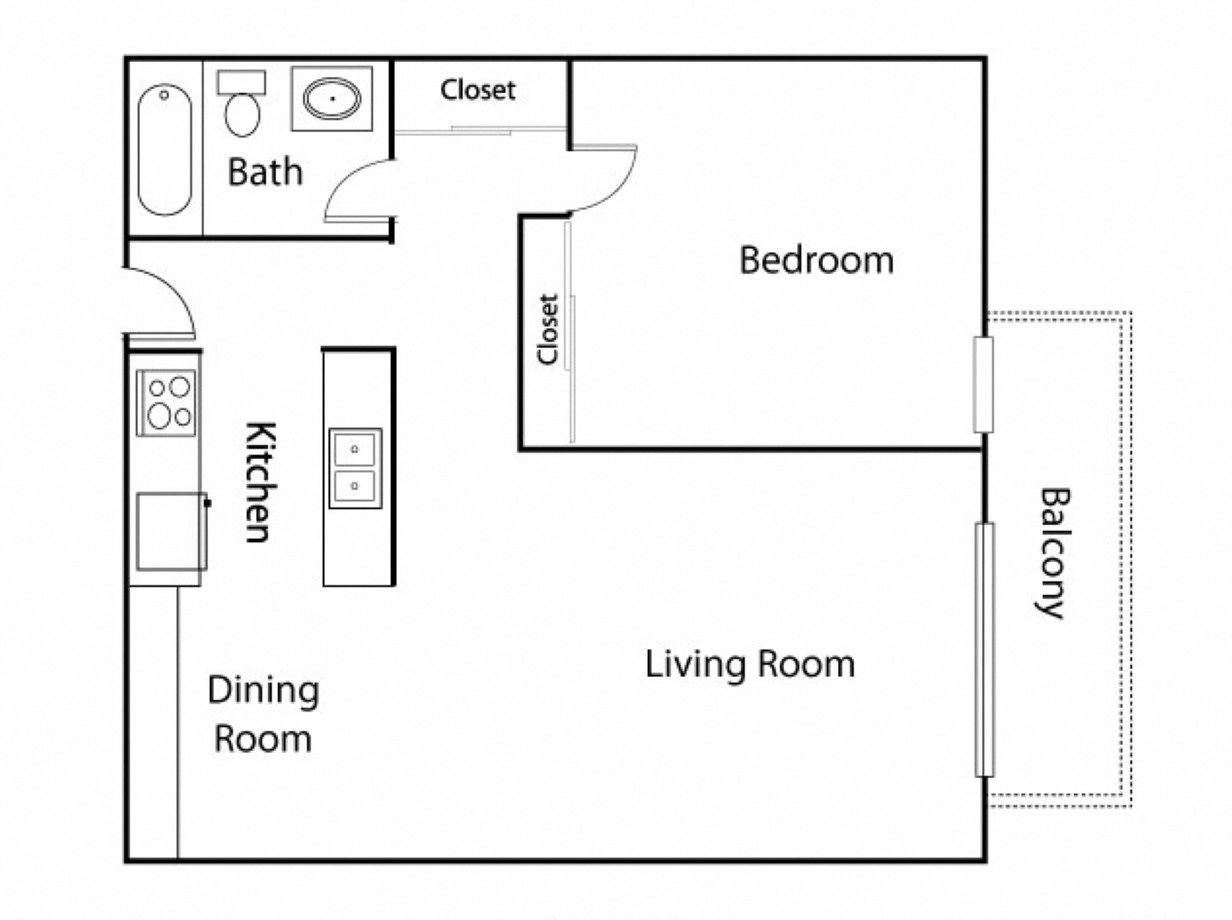 Floor plan for 1 bed, 1 bath, 693 sqft
