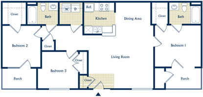 Floor plan for 3 beds, 2 baths, 1408 sqft