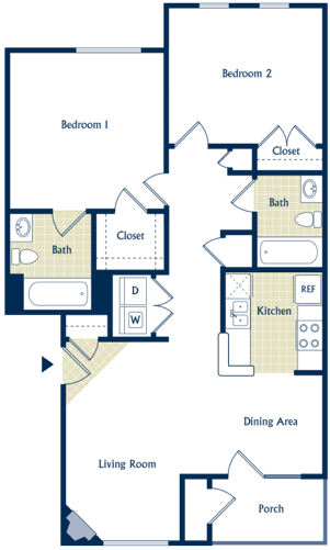 Floor plan for 2 beds, 2 baths, 1136 sqft