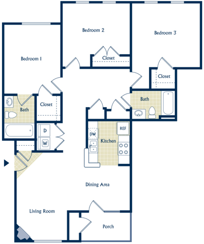 Floor plan for 3 beds, 2 baths, 1348 sqft