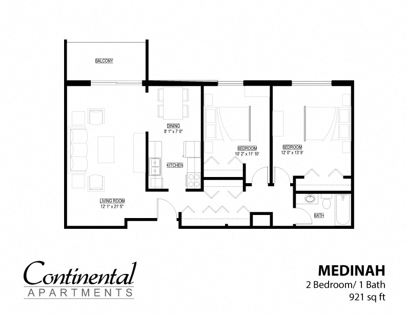 Floor plan for 2 beds, 1 bath, 910 sqft