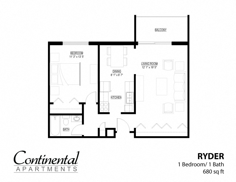 Floor plan for 1 bed, 1 bath, 710 sqft