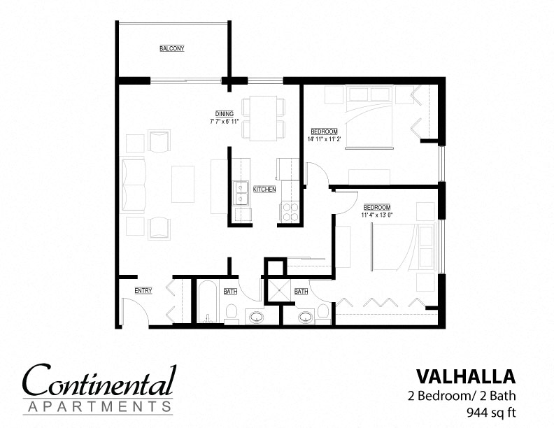 Floor plan for 2 beds, 2 baths, 910 sqft