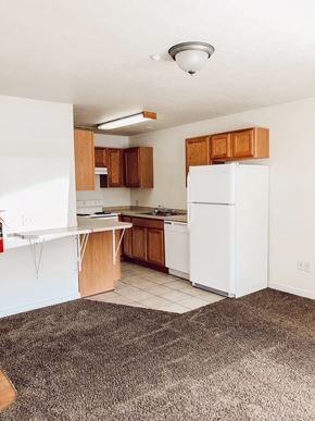 Rexburg apartment for rent - an empty kitchen with white appliances and wooden cabinets