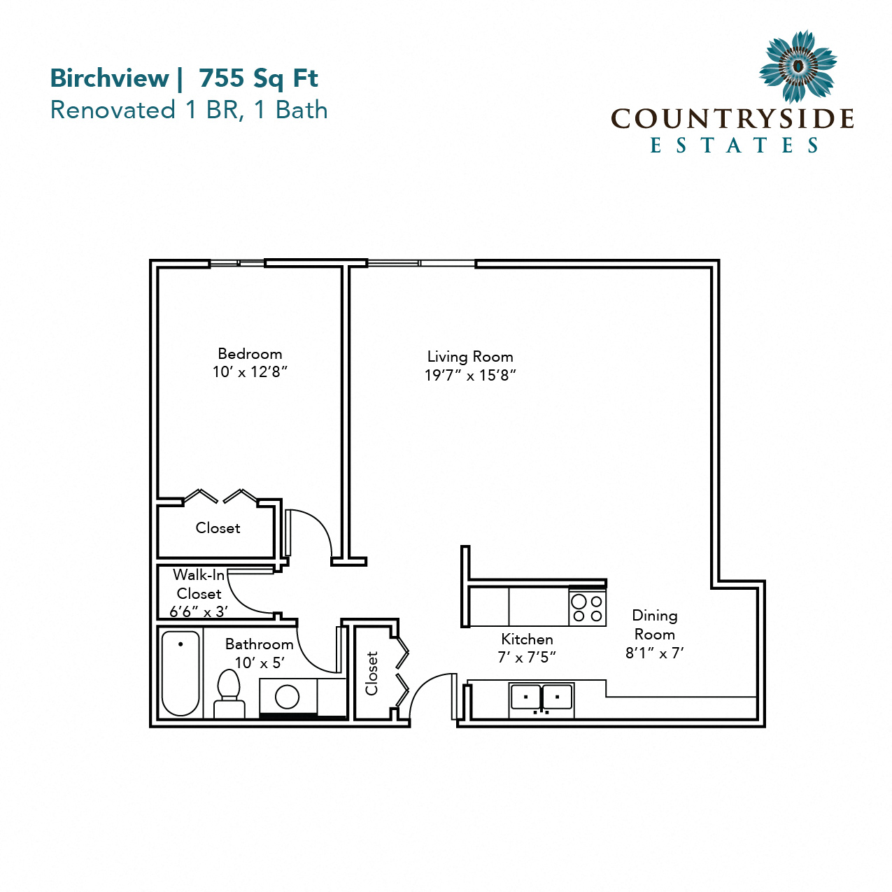 Floor plan for 1 bed, 1 bath, 755 sqft