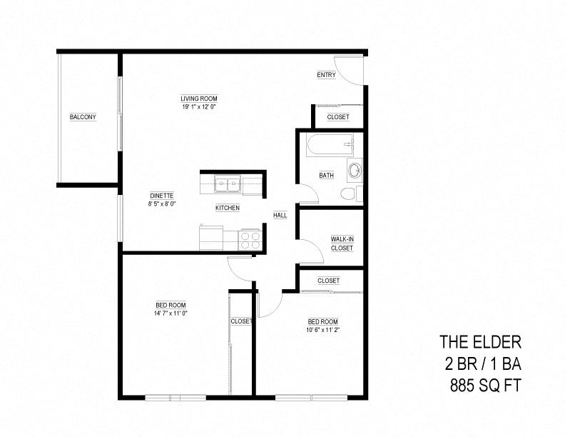 Floor plan for 2 beds, 1 bath, 875 sqft