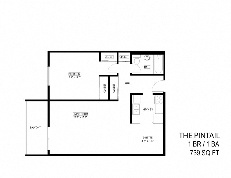 Floor plan for 1 bed, 1 bath, 739 sqft