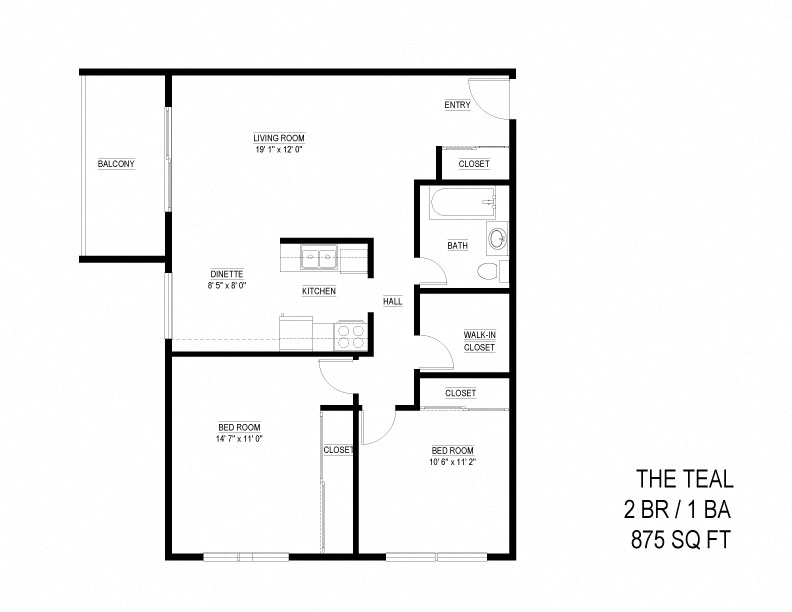 Floor plan for 2 beds, 1 bath, 875 sqft