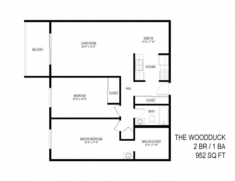Floor plan for 2 beds, 1 bath, 952 sqft