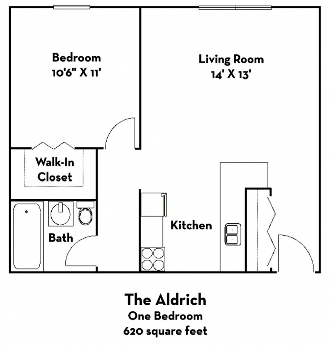 Floor plan for 1 bed, 1 bath, 620 sqft