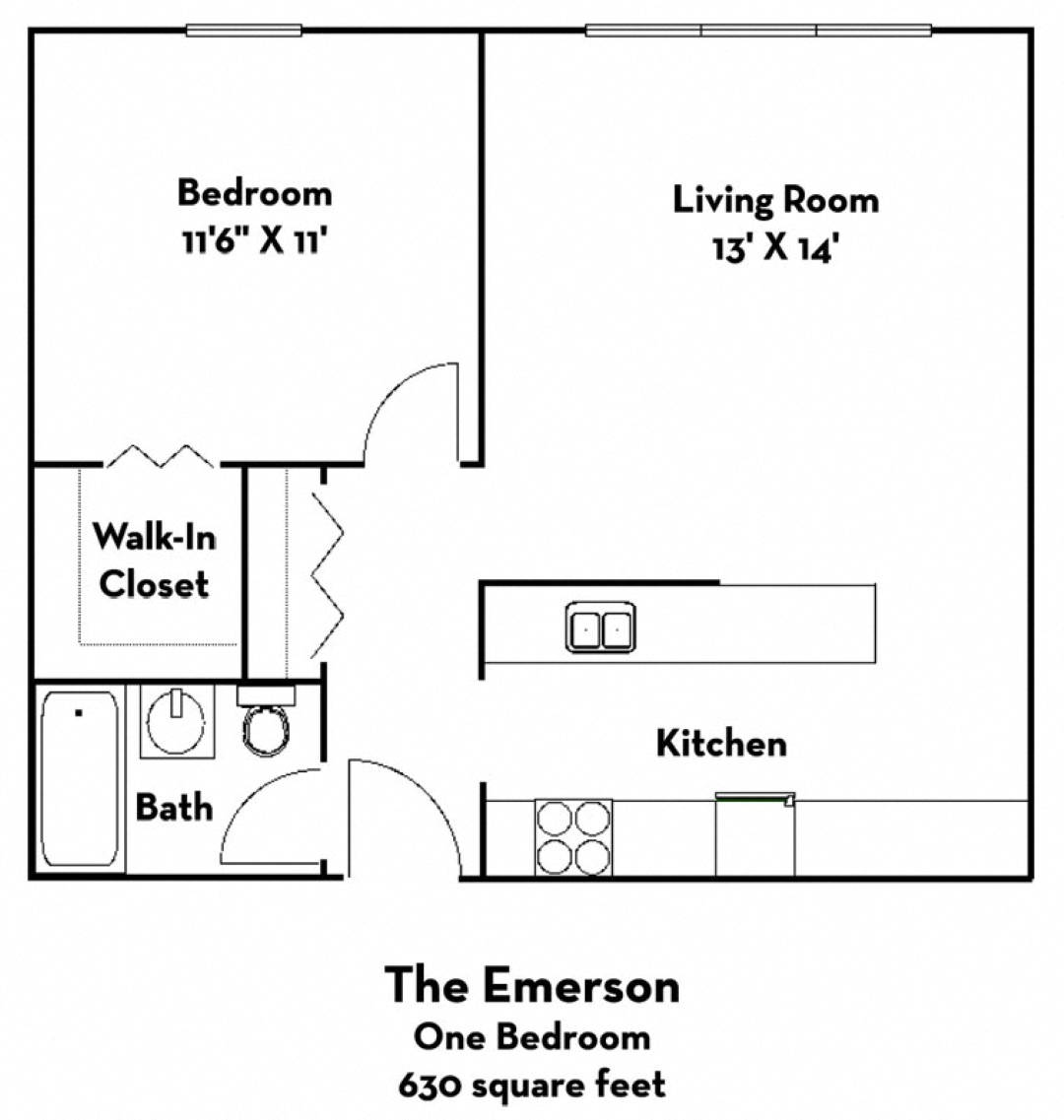 Floor plan for 1 bed, 1 bath, 630 sqft
