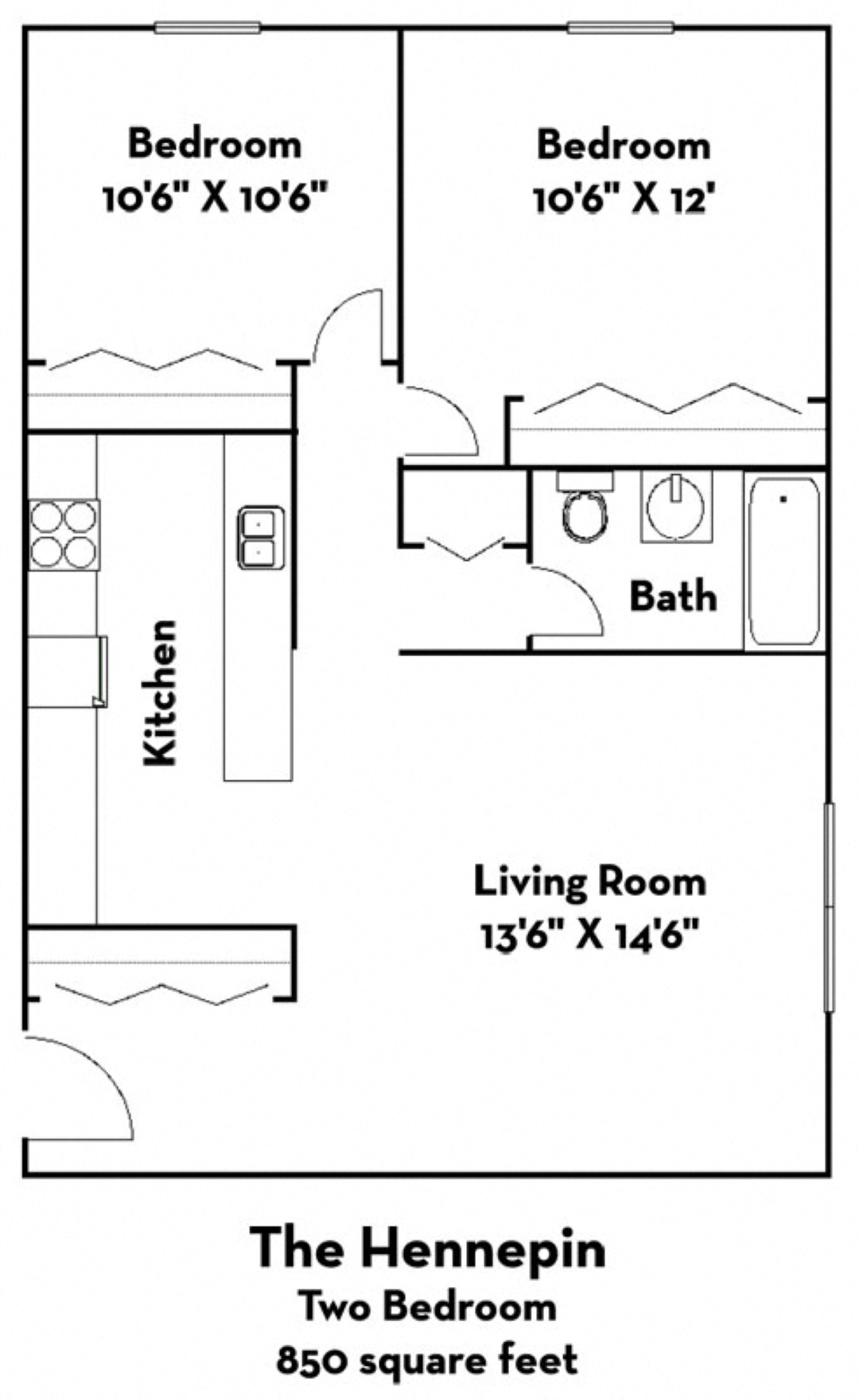 Floor plan for 2 beds, 1 bath, 850 sqft