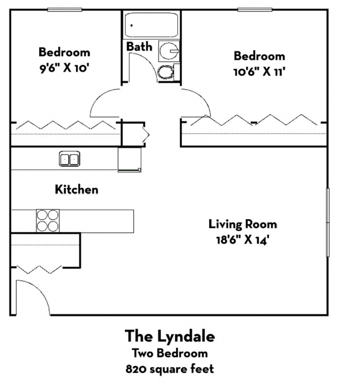 Floor plan for 2 beds, 1 bath, 820 sqft