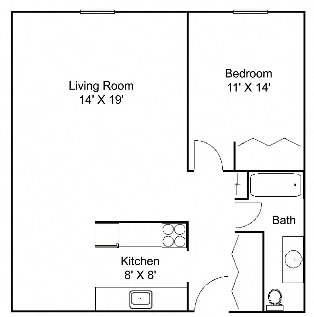 Floor plan for 1 bed, 1 bath, 650 sqft