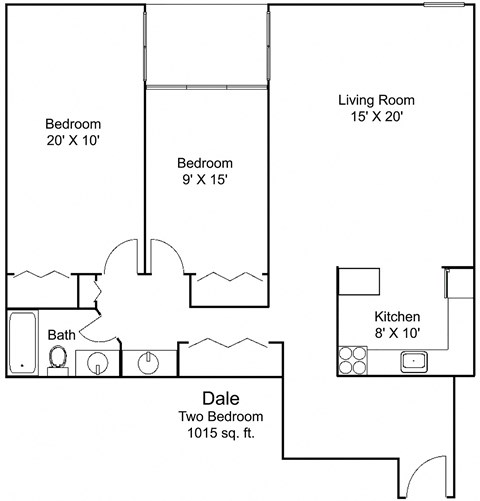 Floor plan for 2 beds, 1 bath, 1015 sqft