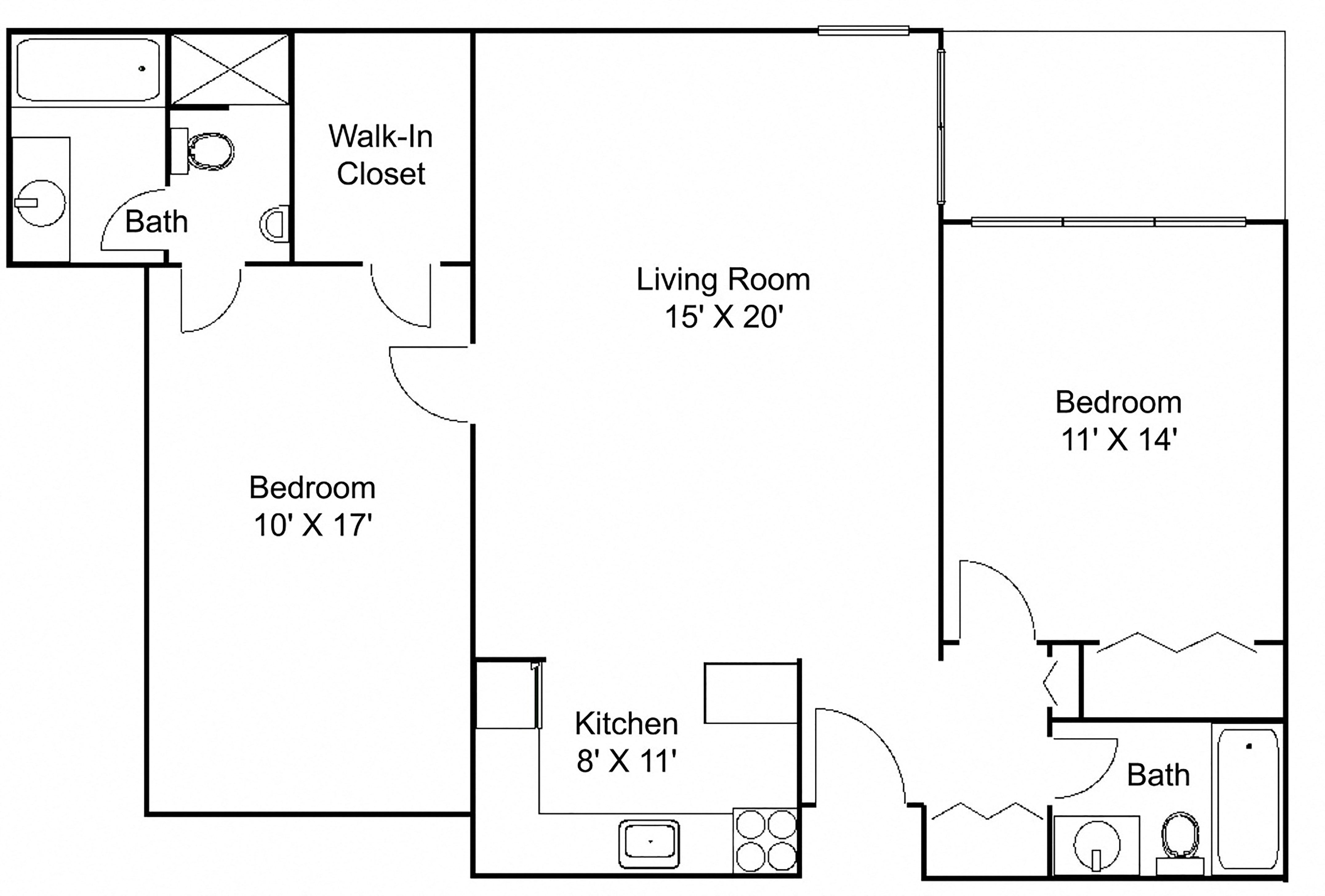 Floor plan for 1 bed, 1 bath, 900 sqft
