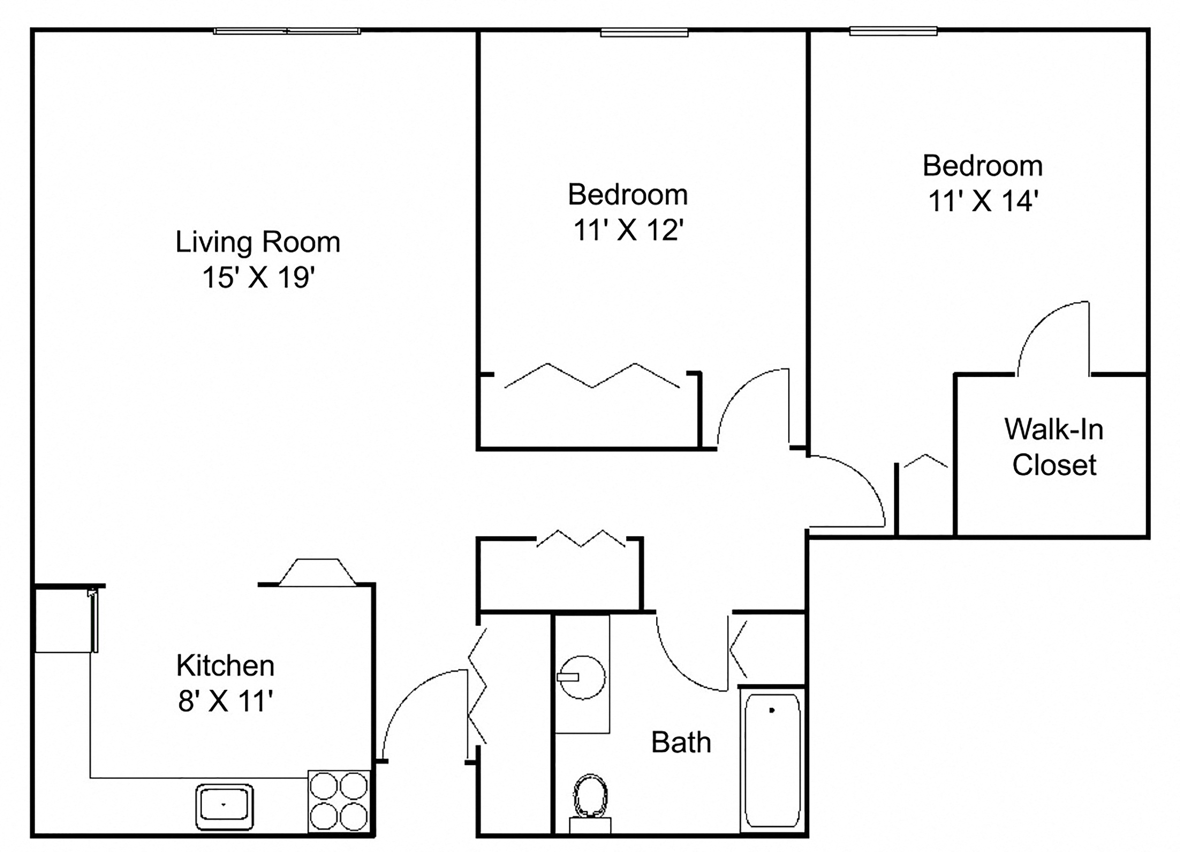 Floor plan for 2 beds, 1 bath, 952 sqft