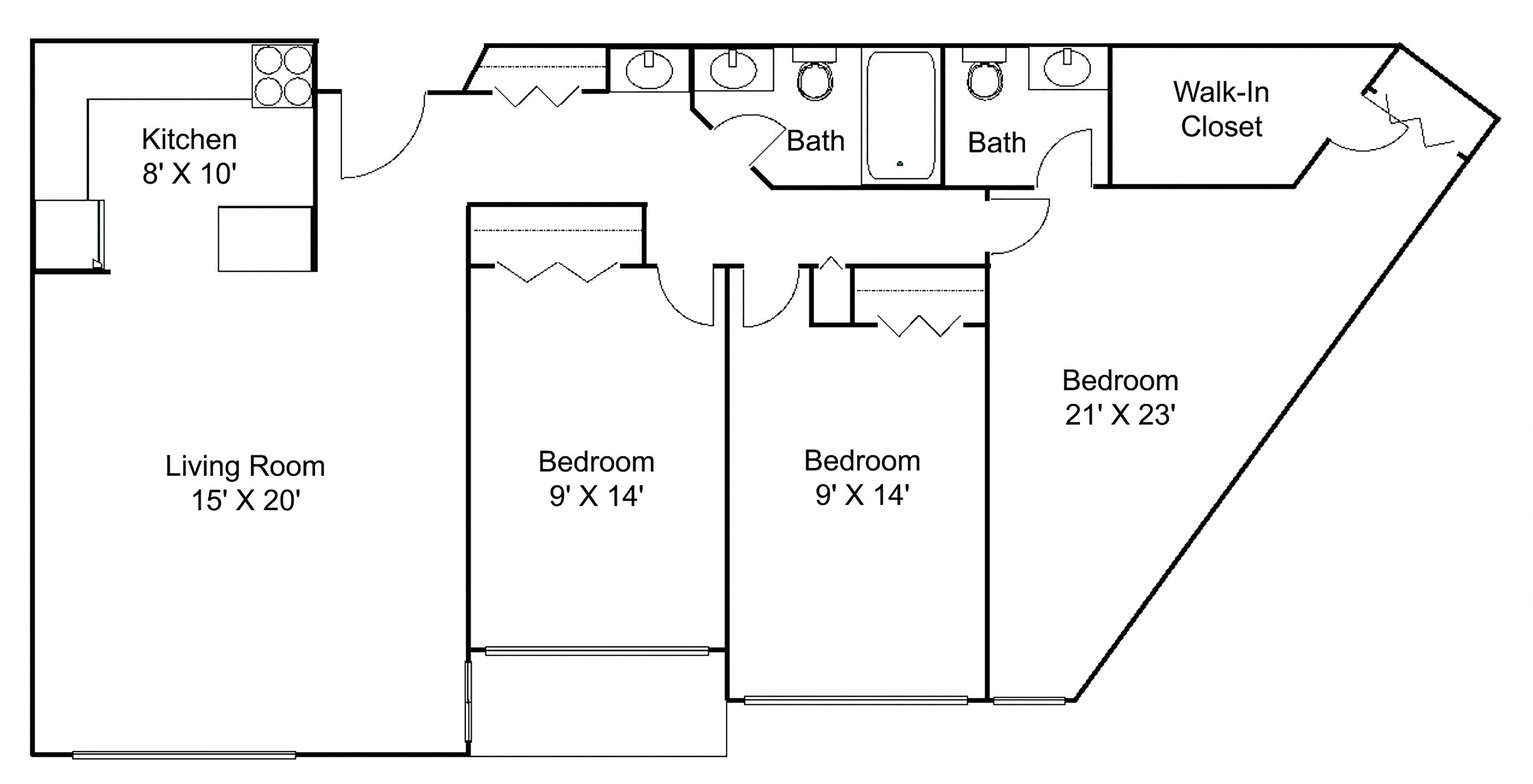 Floor plan for 3 beds, 2 baths, 1500 sqft