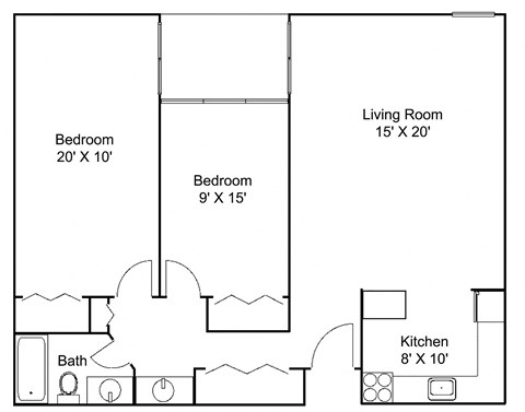 Floor plan for 2 beds, 1 bath, 952 sqft
