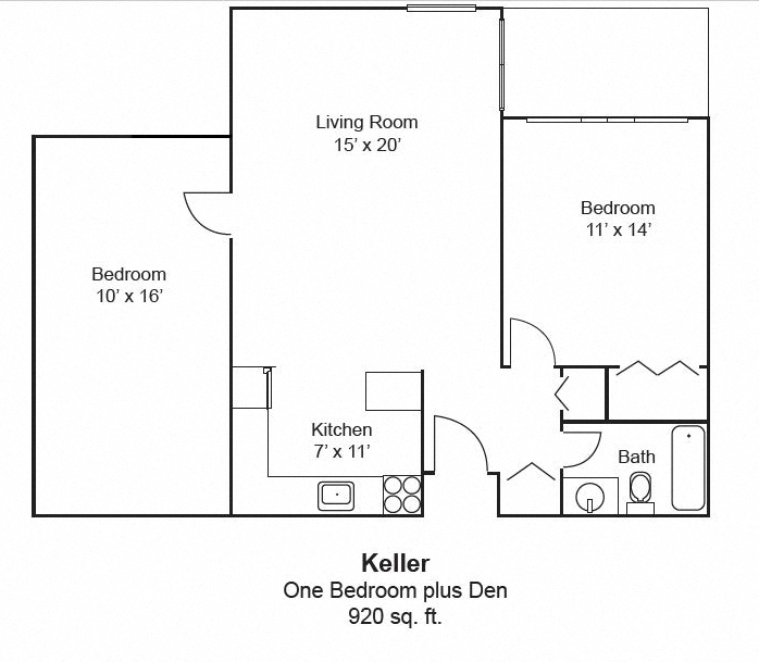 Floor plan for 1 bed, 1 bath, 900 sqft