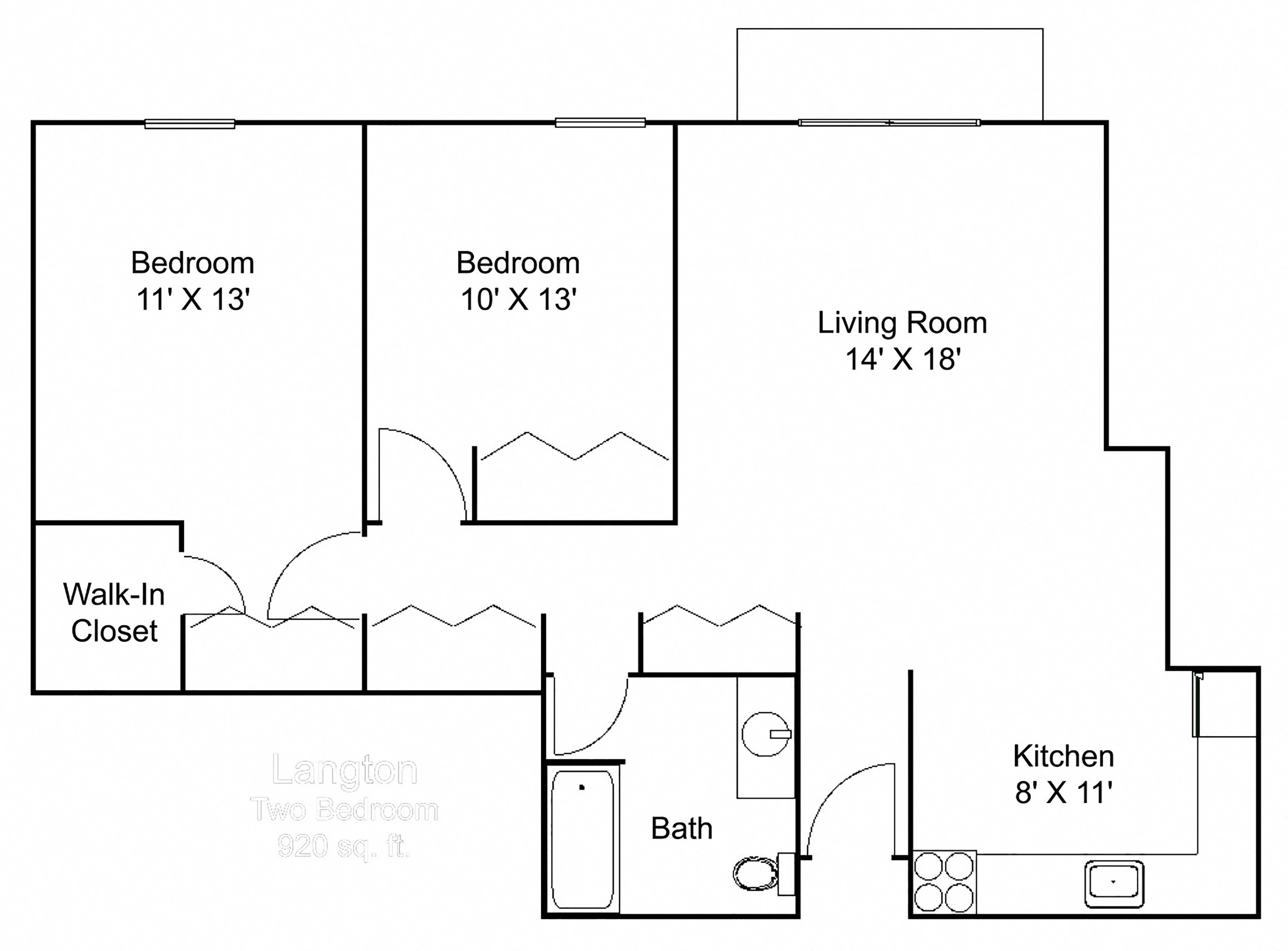 Floor plan for 2 beds, 1 bath, 920 sqft