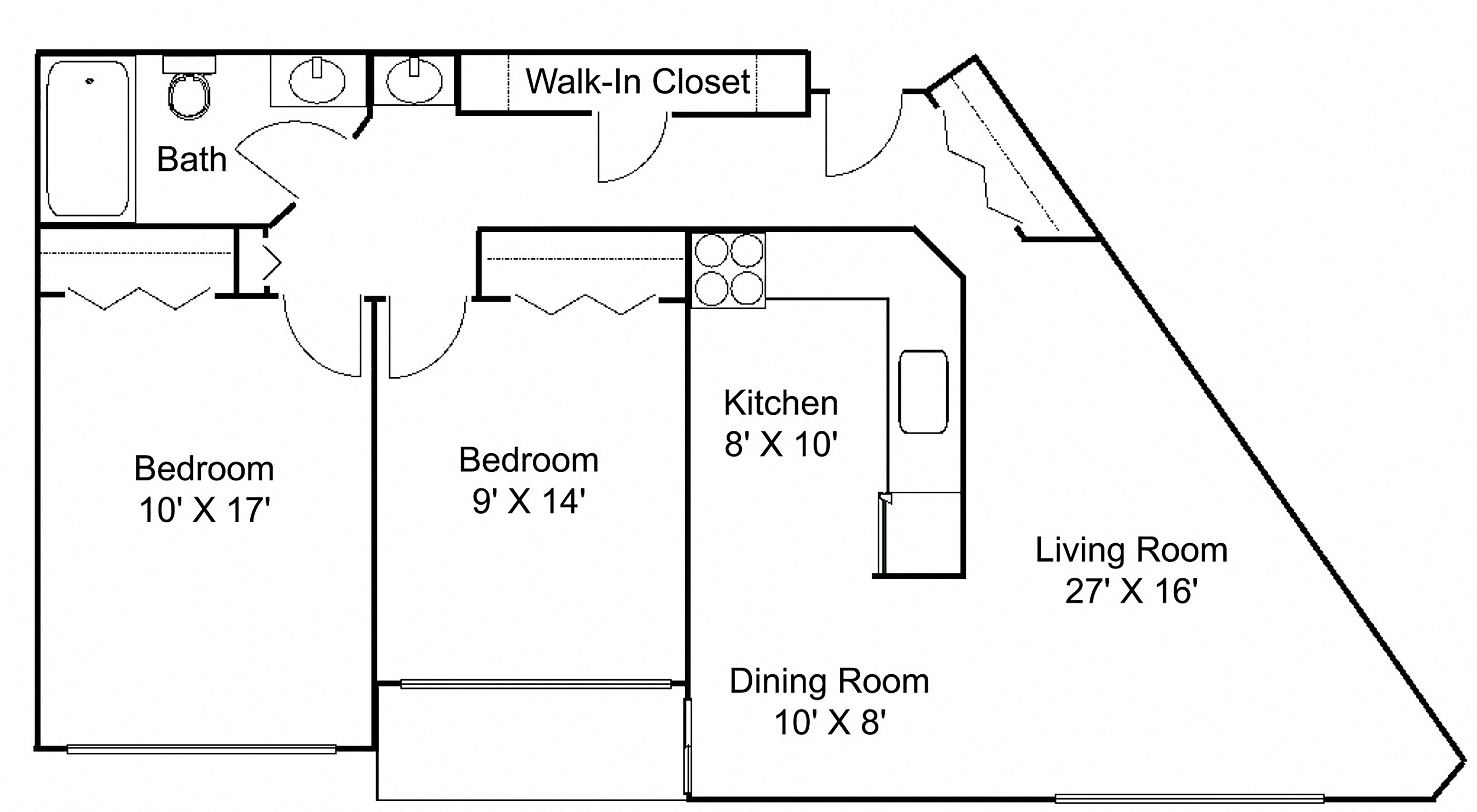 Floor plan for 2 beds, 1 bath, 1200 sqft