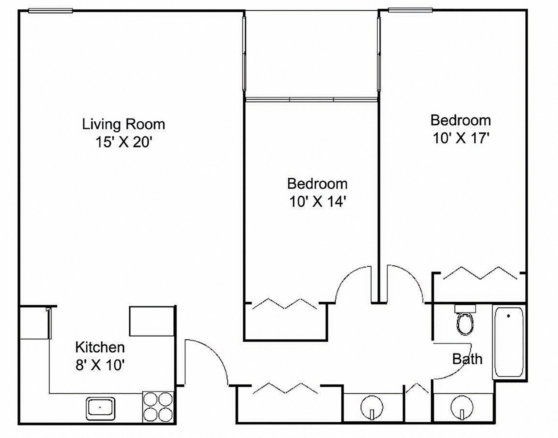 Floor plan for 2 beds, 1 bath, 952 sqft