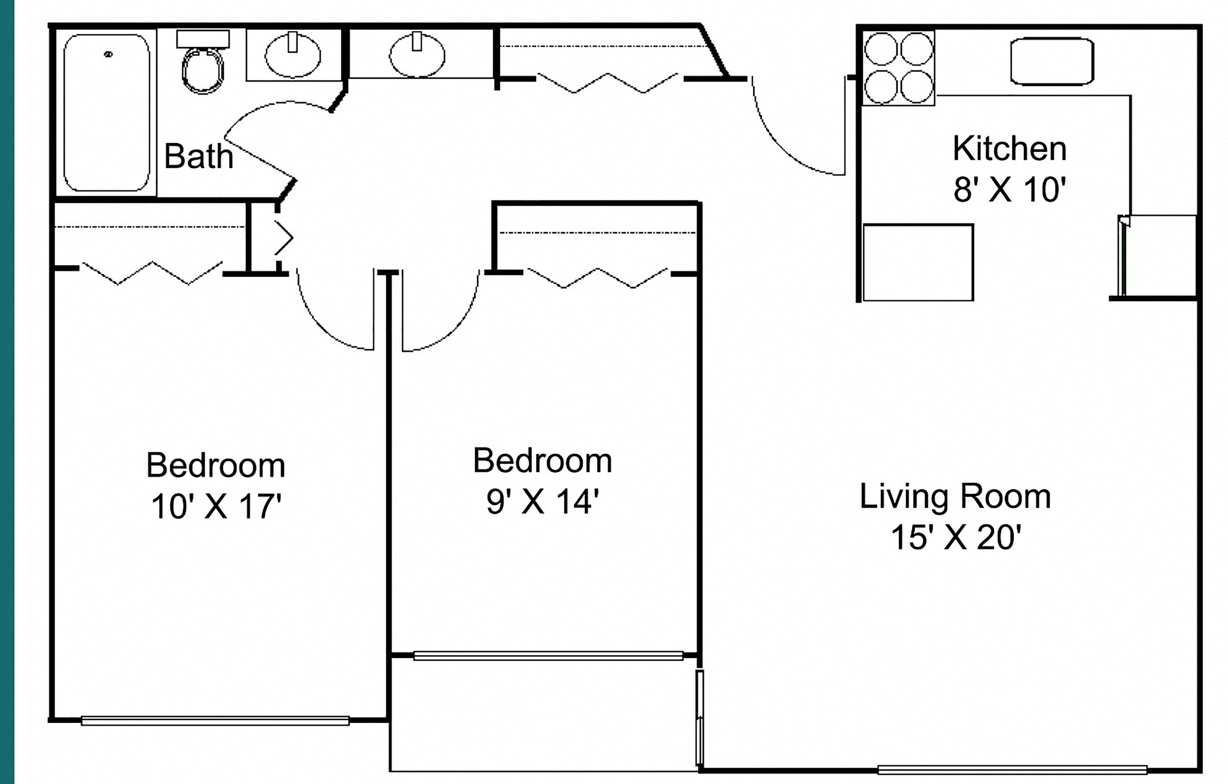 Floor plan for 2 beds, 1 bath, 952 sqft