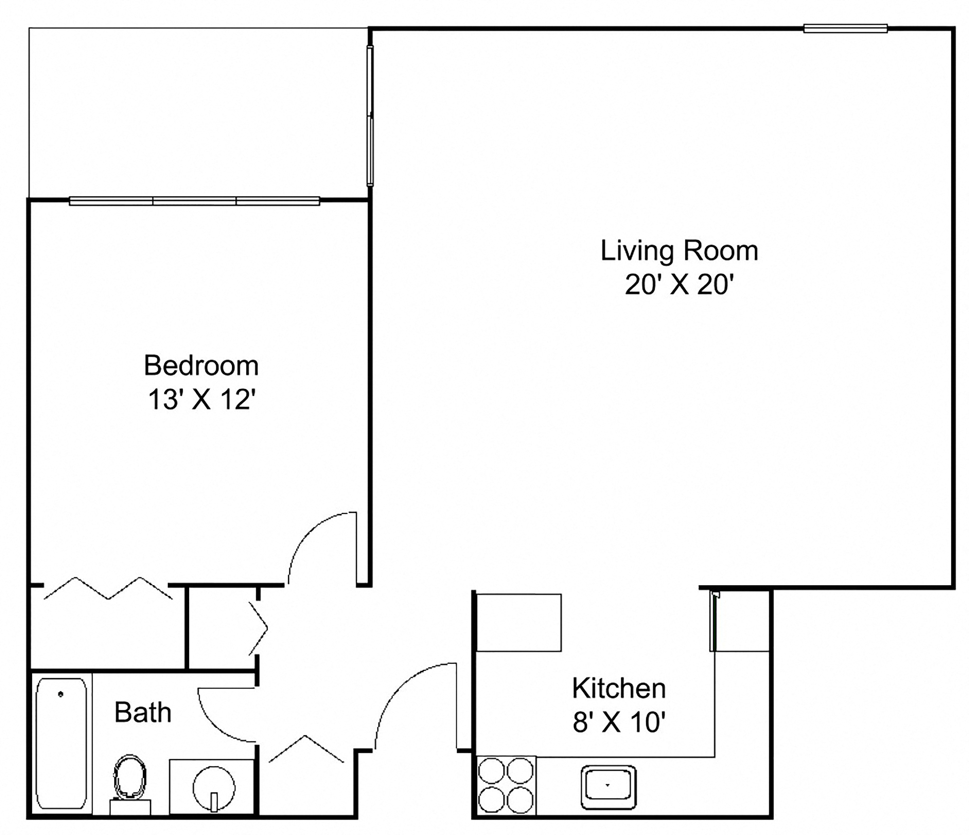 Floor plan for 1 bed, 1 bath, 850 sqft