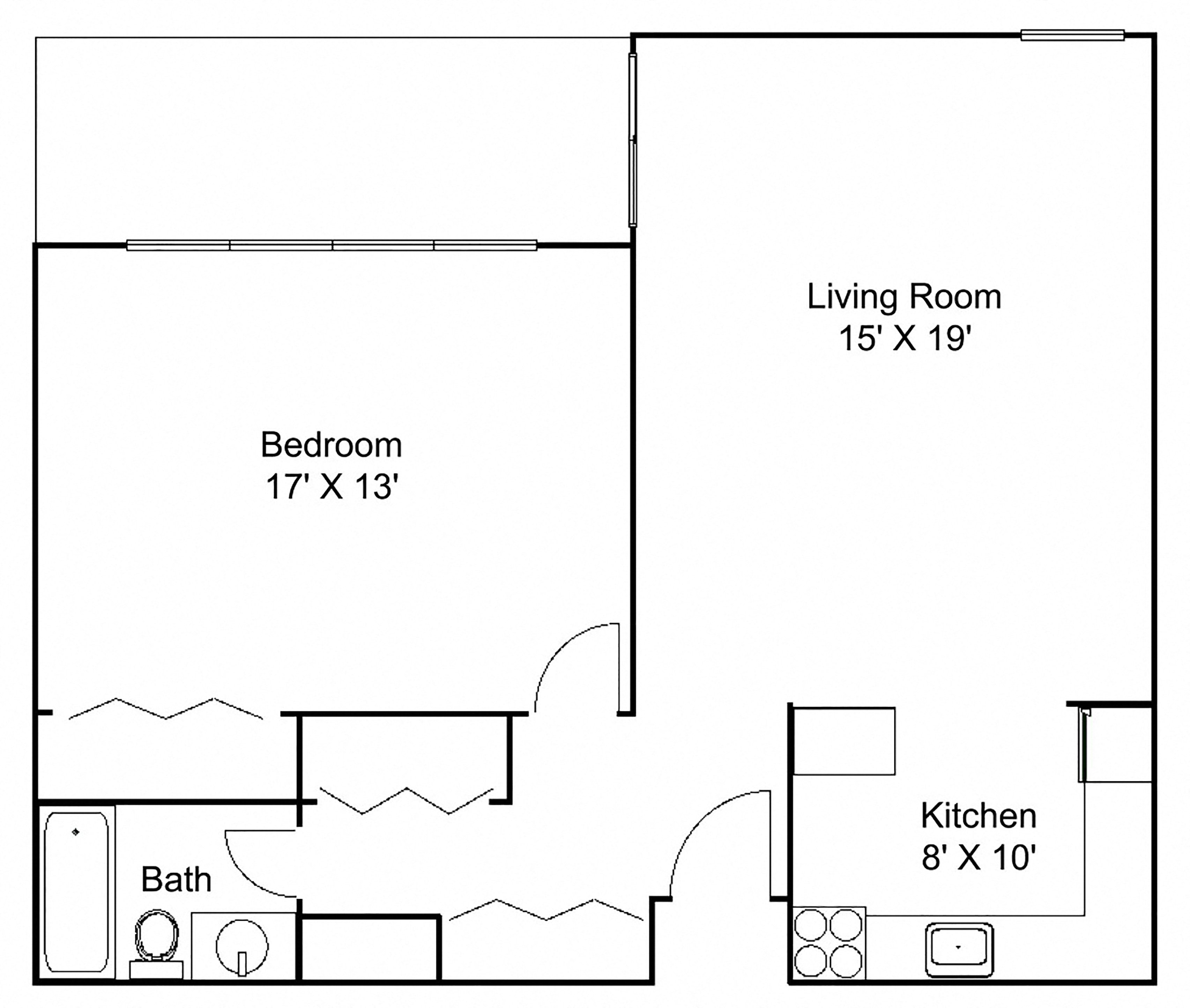 Floor plan for 1 bed, 1 bath, 865 sqft