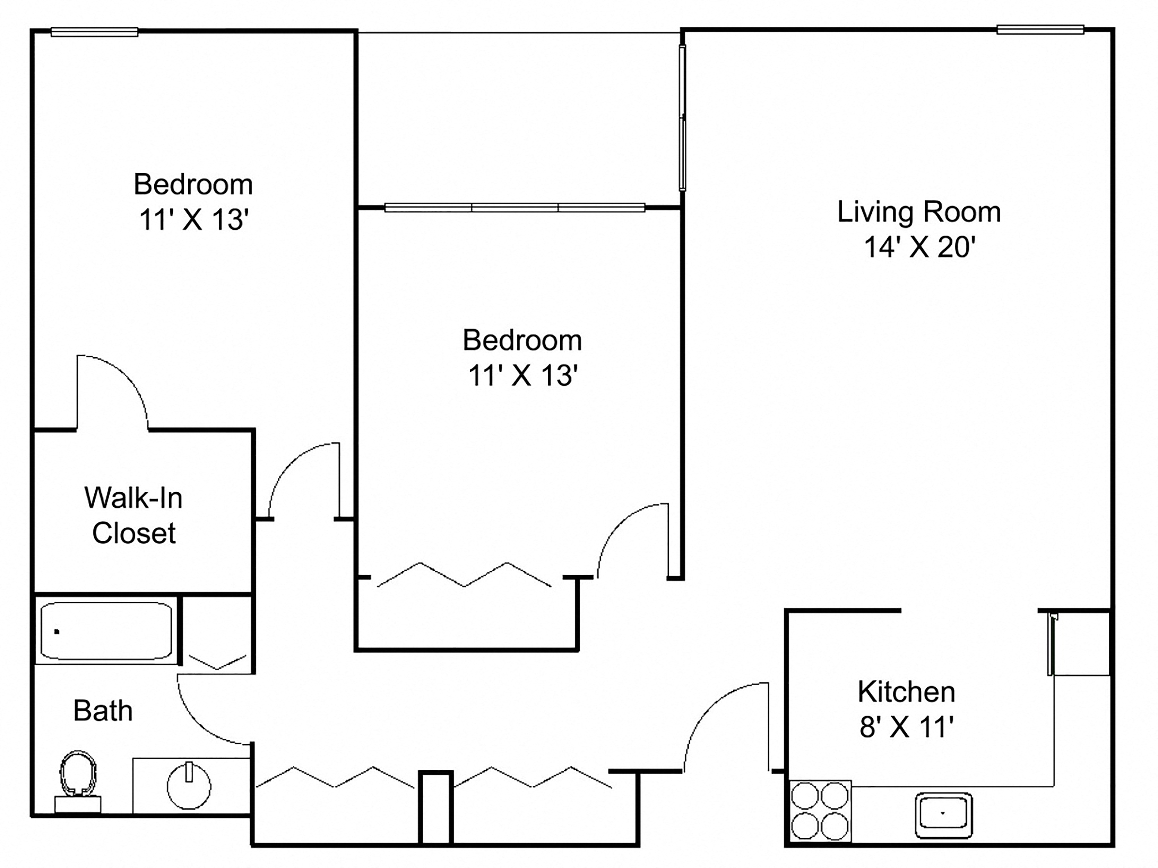 Floor plan for 2 beds, 1 bath, 1000 sqft