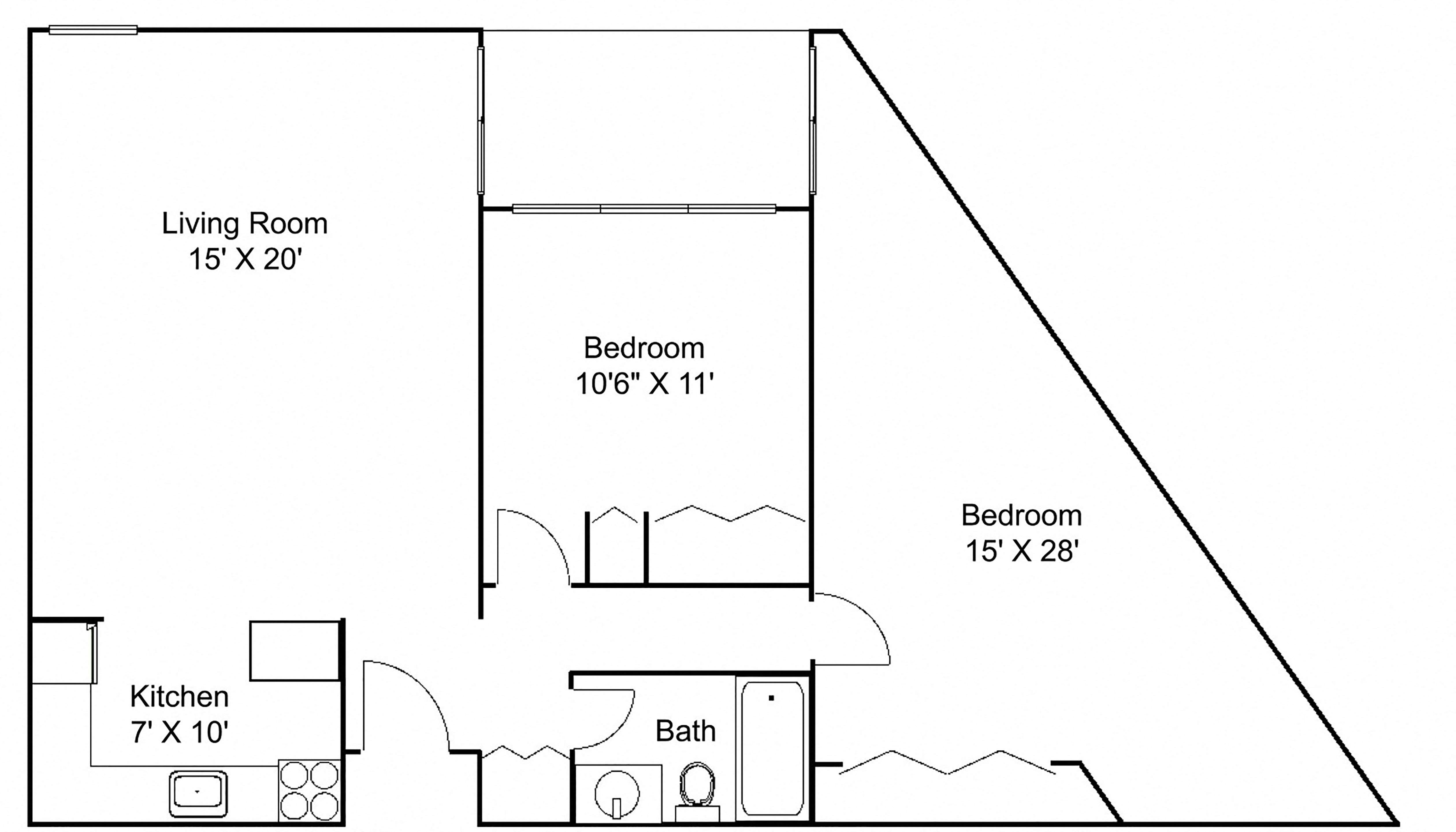 Floor plan for 2 beds, 1 bath, 960 sqft