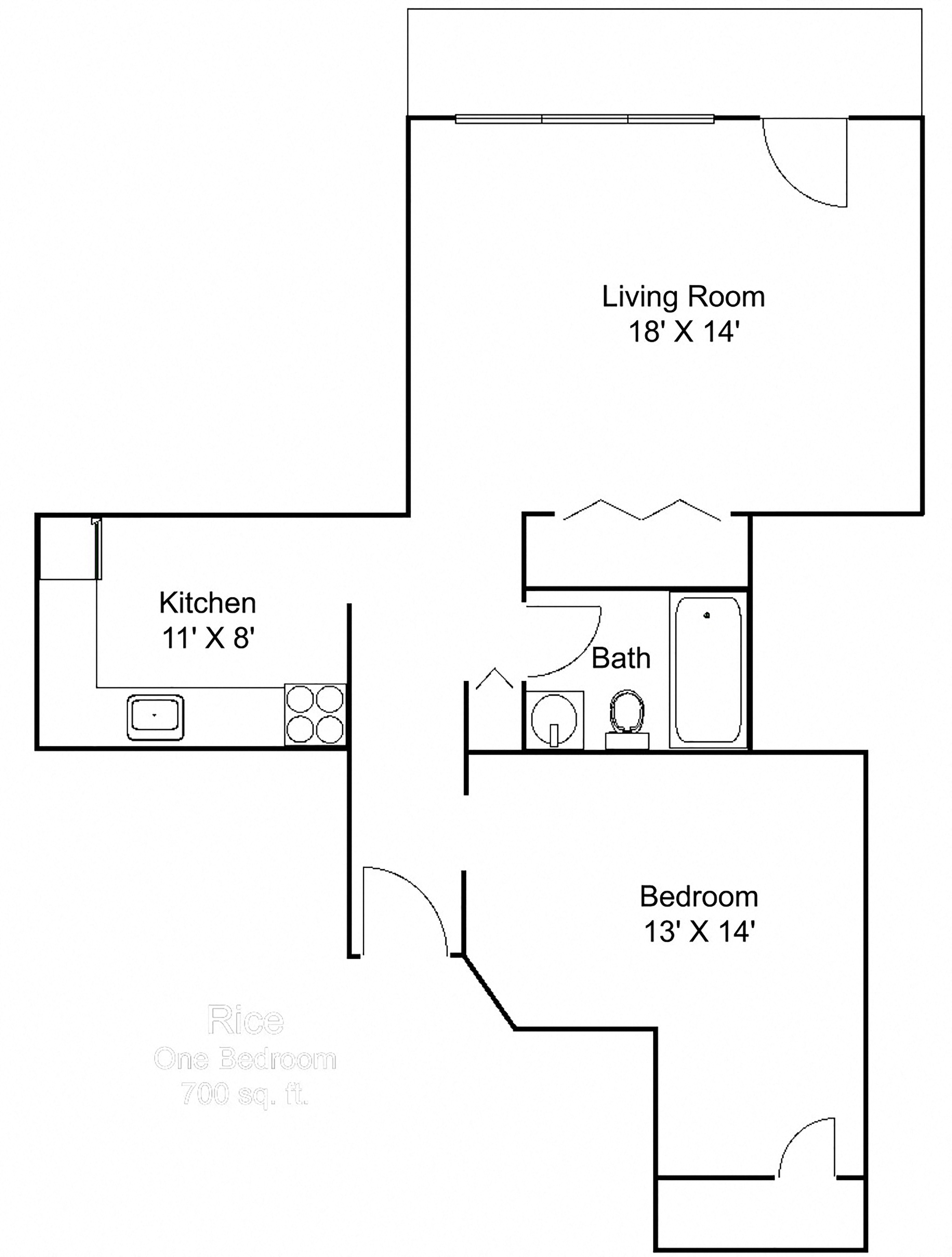 Floor plan for 1 bed, 1 bath, 700 sqft