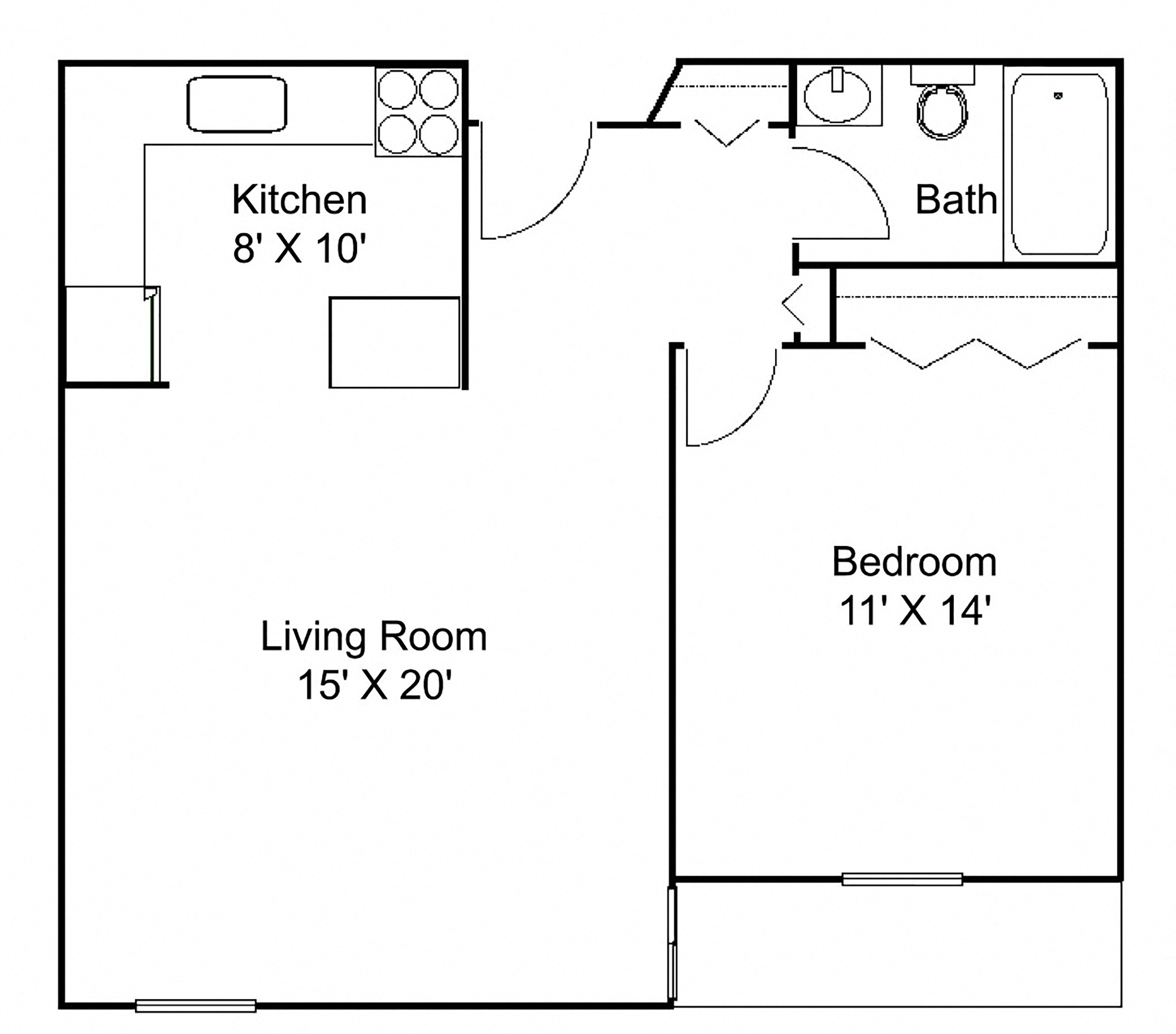 Floor plan for 1 bed, 1 bath, 726 sqft