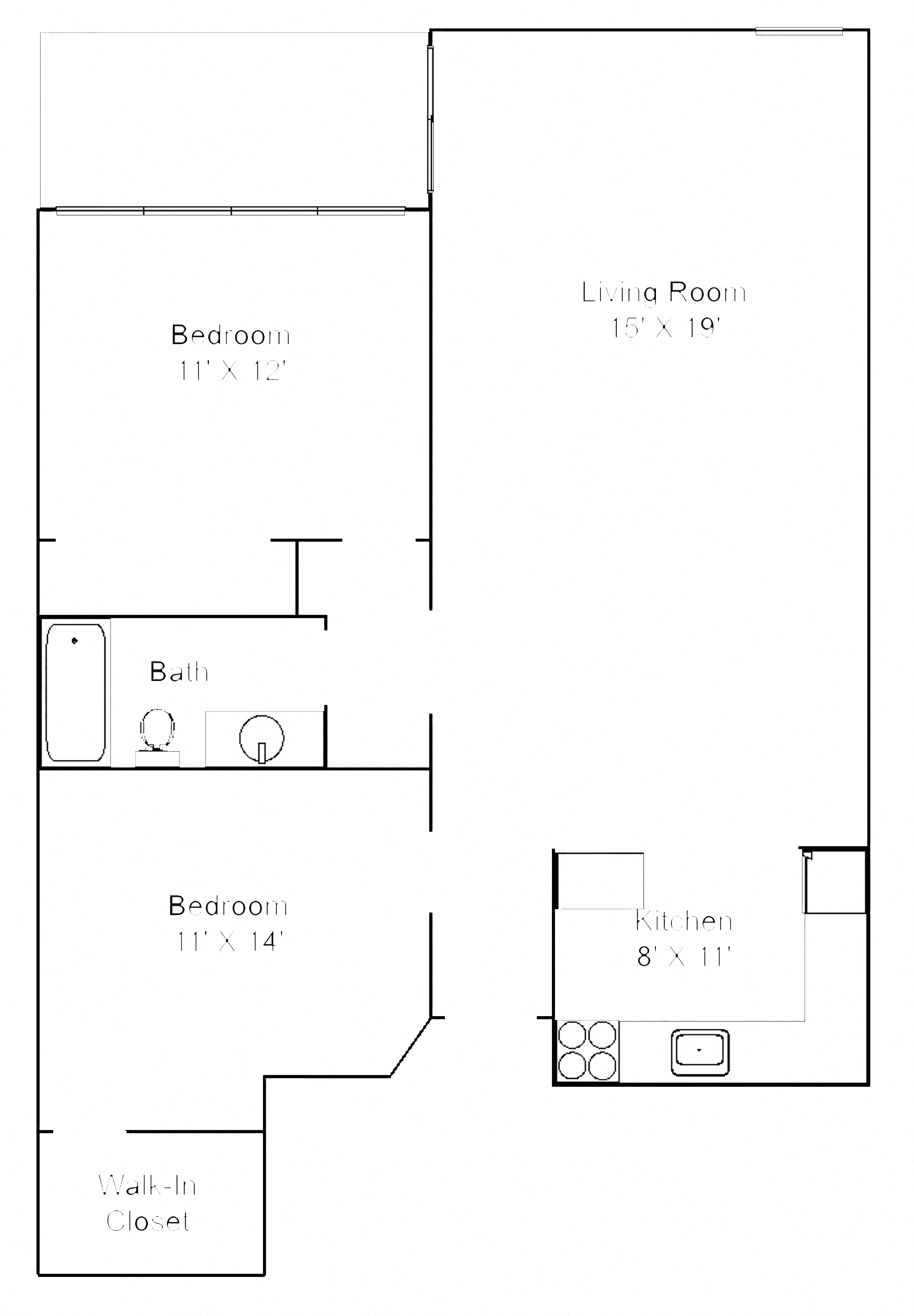 Floor plan for 1 bed, 1 bath, 900 sqft
