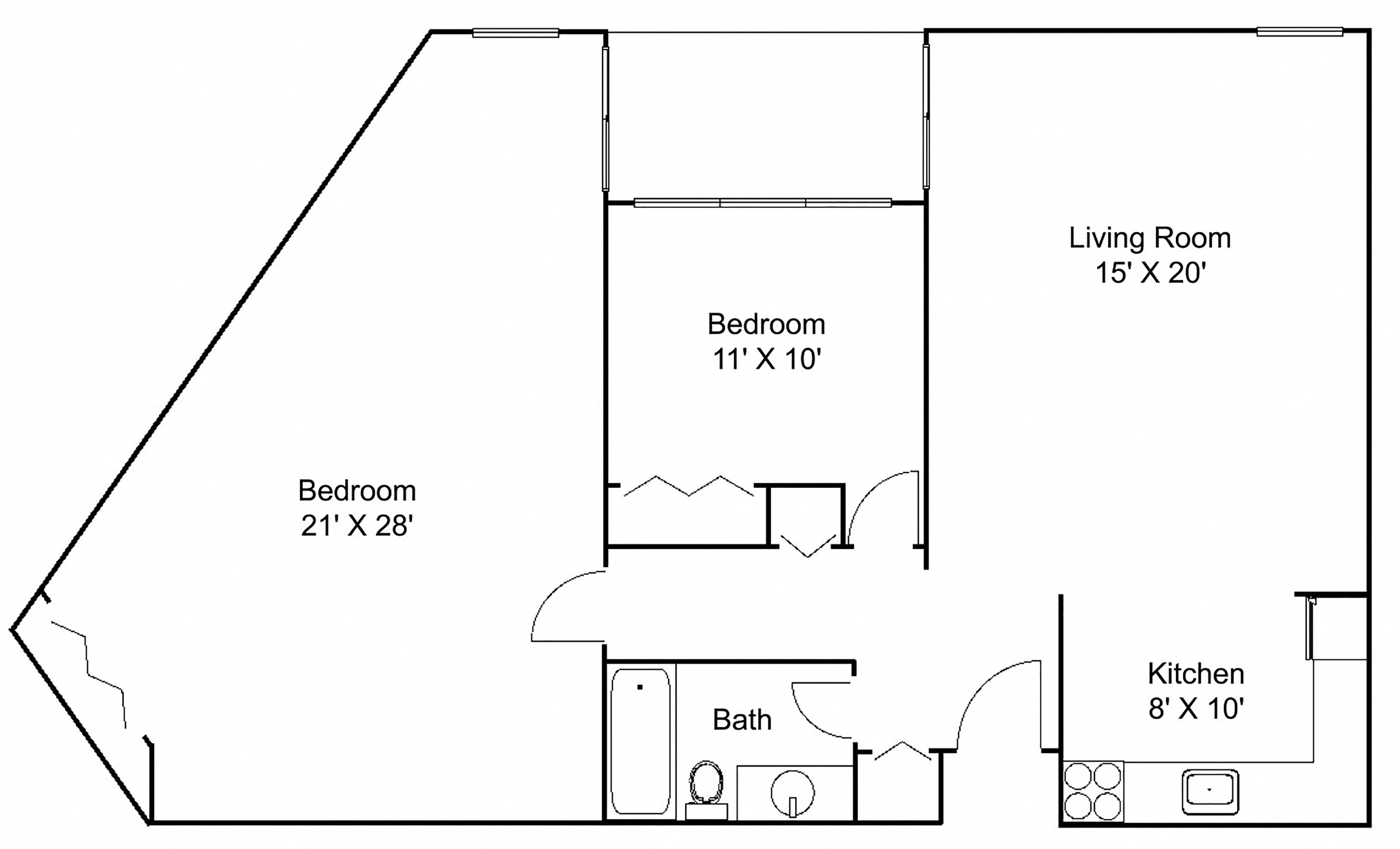 Floor plan for 2 beds, 1 bath, 1059 sqft