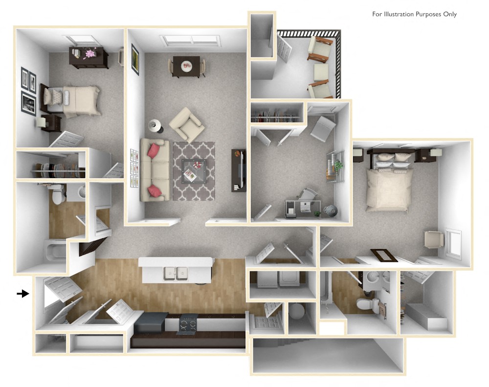 Floor plan for 3 beds, 2 baths, 1384 sqft