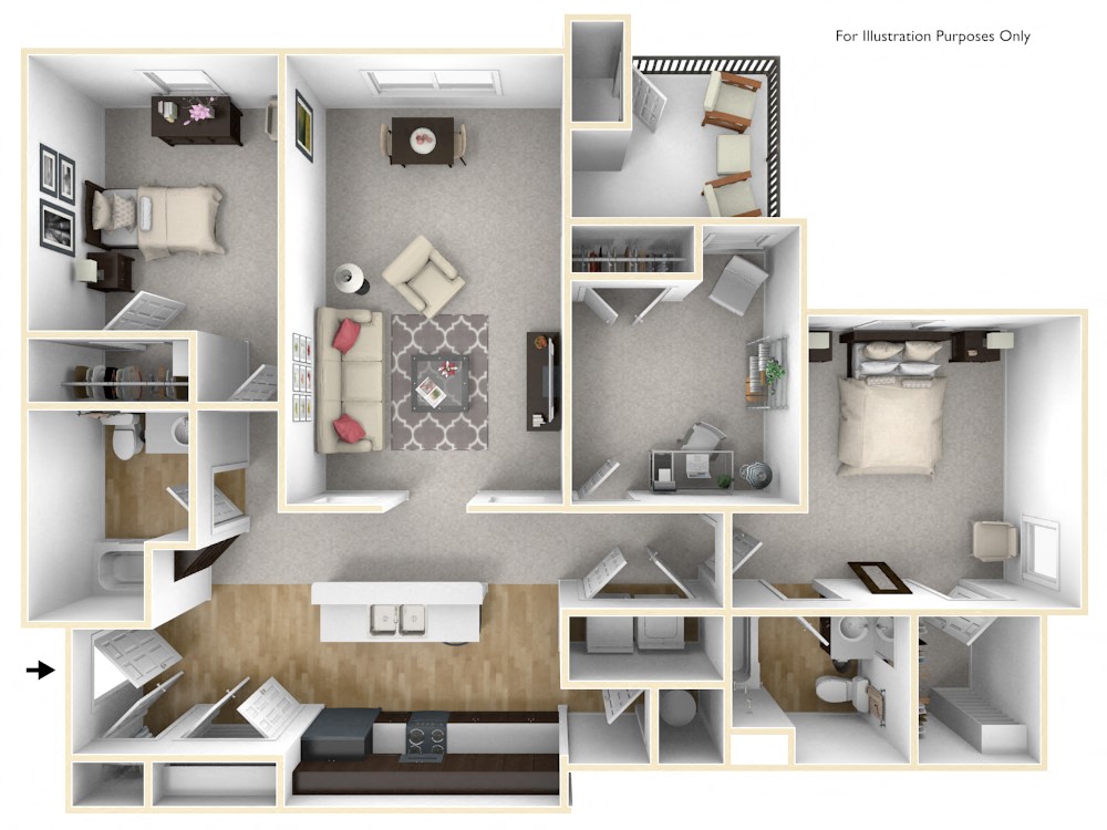Floor plan for 3 beds, 2 baths, 1360 sqft