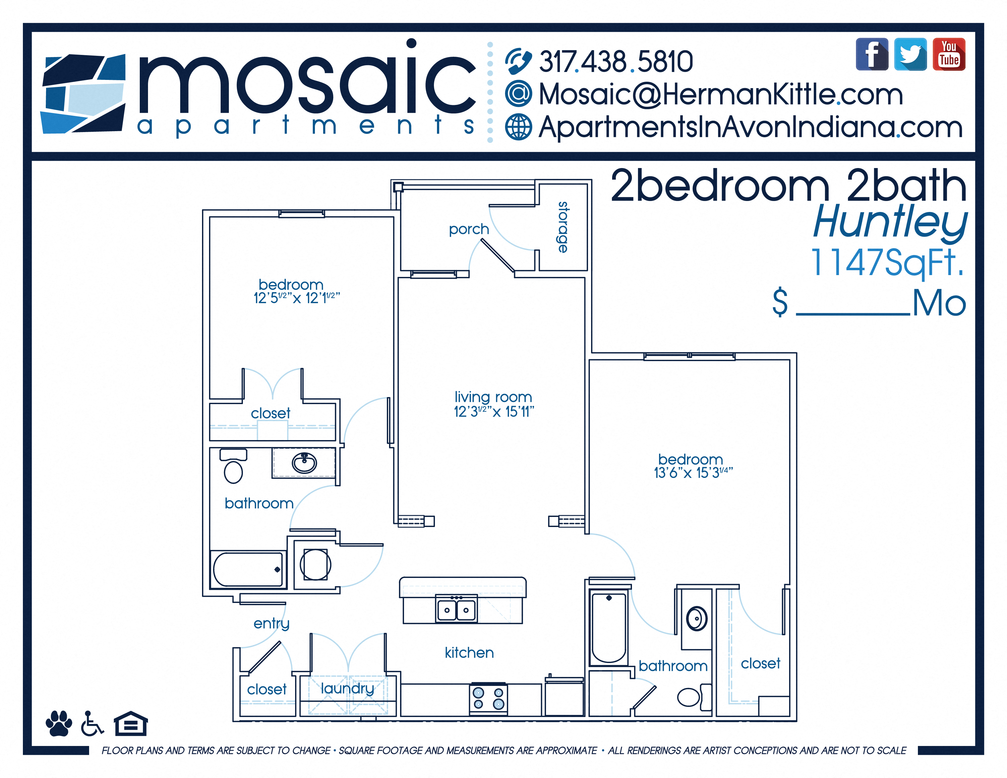 Floor plan for 2 beds, 2 baths, 1147 sqft