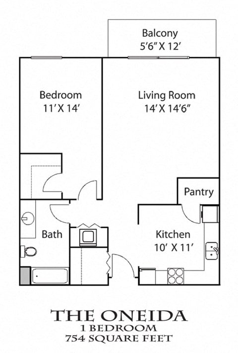 Floor plan for 1 bed, 1 bath, 754 sqft